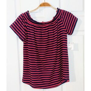 Liz Claiborne Top Medium Petite Pink Blue Stripe Elastic Collar Short Sleeve NWT